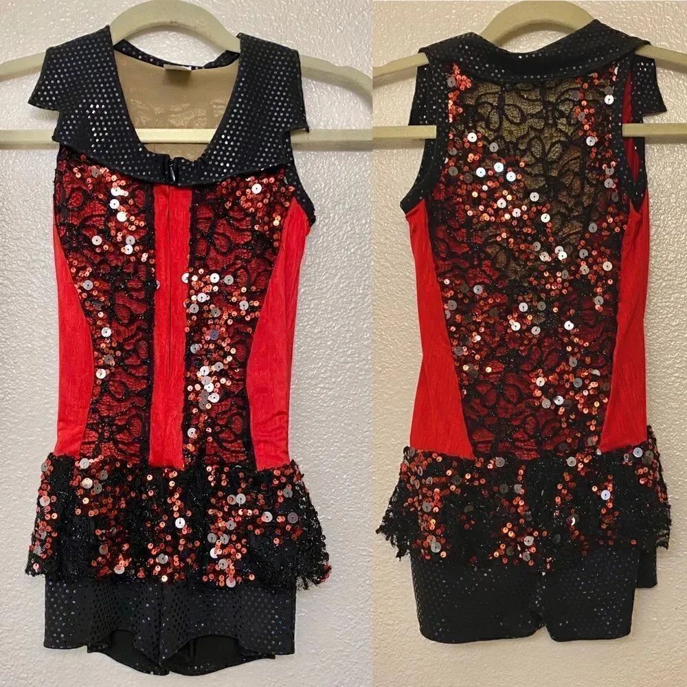 A Wish come true Dance costume red biketard full zip sequin jazz tap child IMC